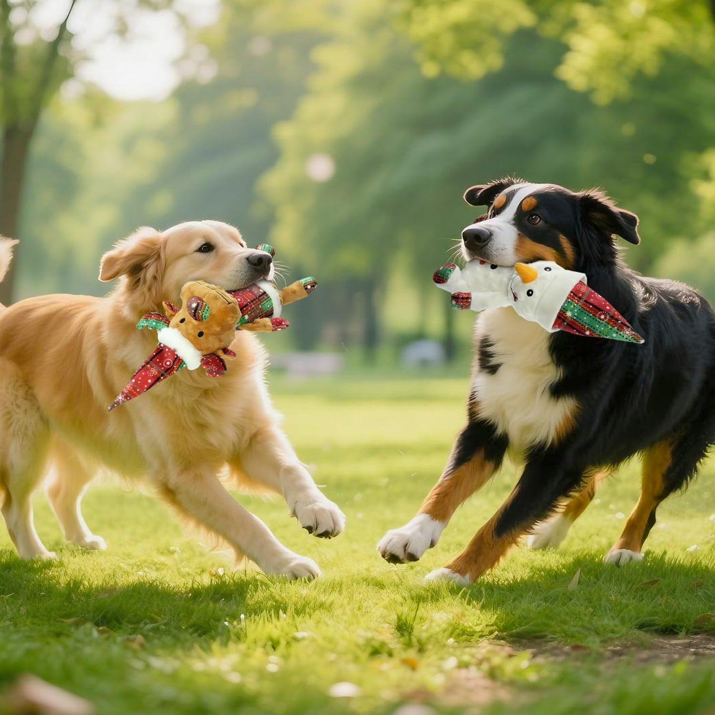 Christmas Dog Toys Squeaky 2-Pack Interactive Puppy Teething Chew Toy Deer Snowman Shape with Crinkle Sound Paper Tail Stuffed,Keep Them Busy, for Large Medium Small Breeds