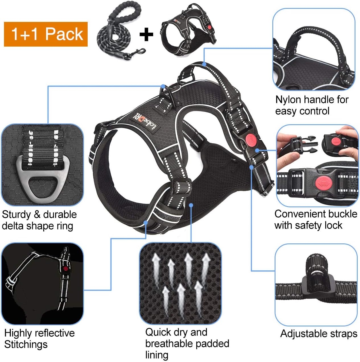 No Pull Dog Harness Adjustable Reflective Oxford Easy Control Medium Large Dog Harness with A Free Heavy Duty 5ft Dog Leash (S (Neck: 13"-18", Chest: 17.5"-22"), Black Harness+Leash)