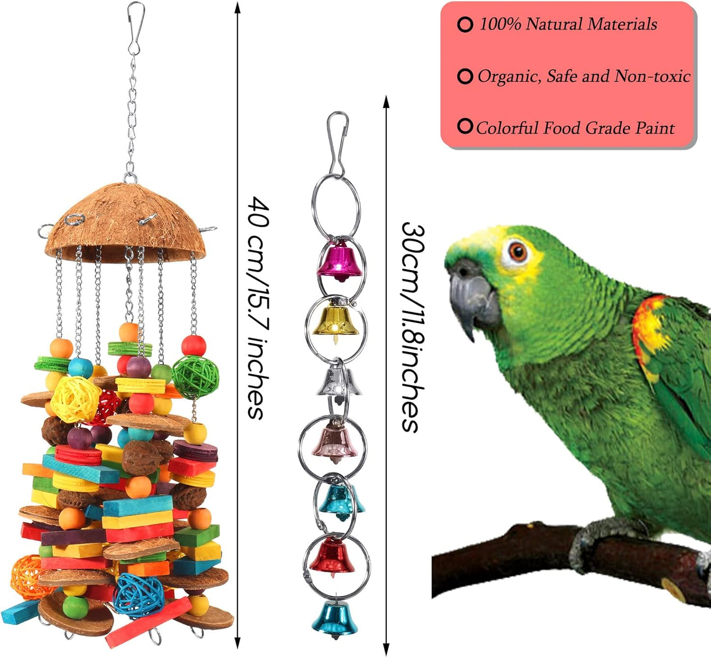 Bird Parrot Toys Natural Large Parrot Blocks Toy Colorful Bird Chewing Toys with Bells for Macaw Cockatoo African Grey Parakeets (Multicolor 01)