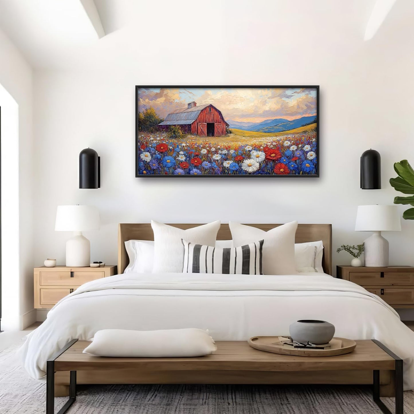 Large Farmhouse Barn Daisy Wall Art for Living Room, Floral Landscape Canvas Oversized Wall Decor, Flower Scenery Framed Pictures Painting Print Artwork for Bedroom Office 60"L x 30"W