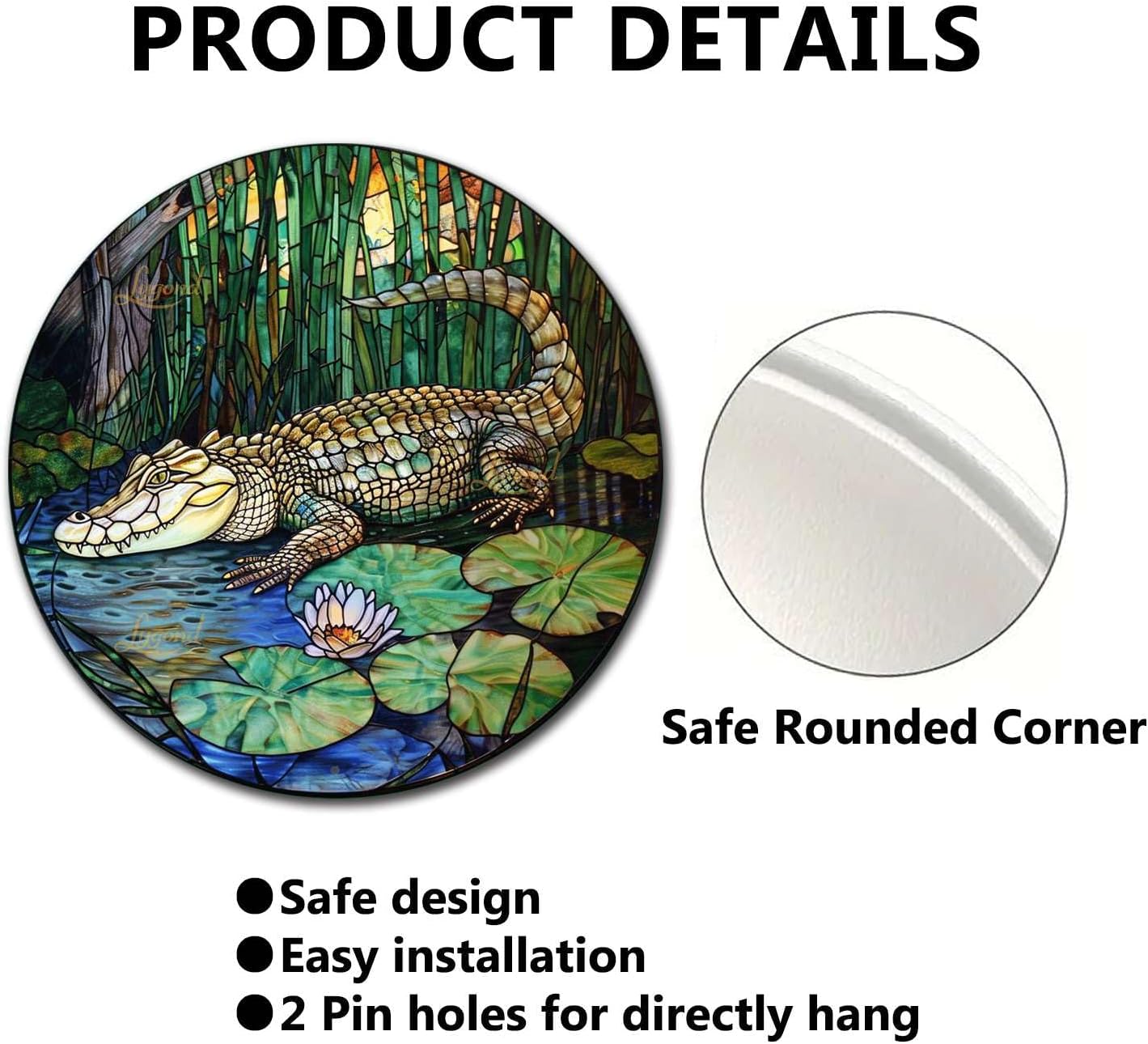 Lygond Metal Sign Tin Sign Circular Stained Glass Crocodile Tin Sign Gift for Garden 8×8 Inches