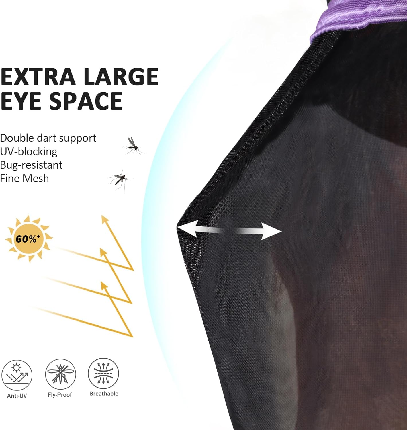 Harrison Howard Pro Luminous Horse Half Face Fly Mask Large Eye Space with Ears UV Protection for Horse Gentle Lavendar S