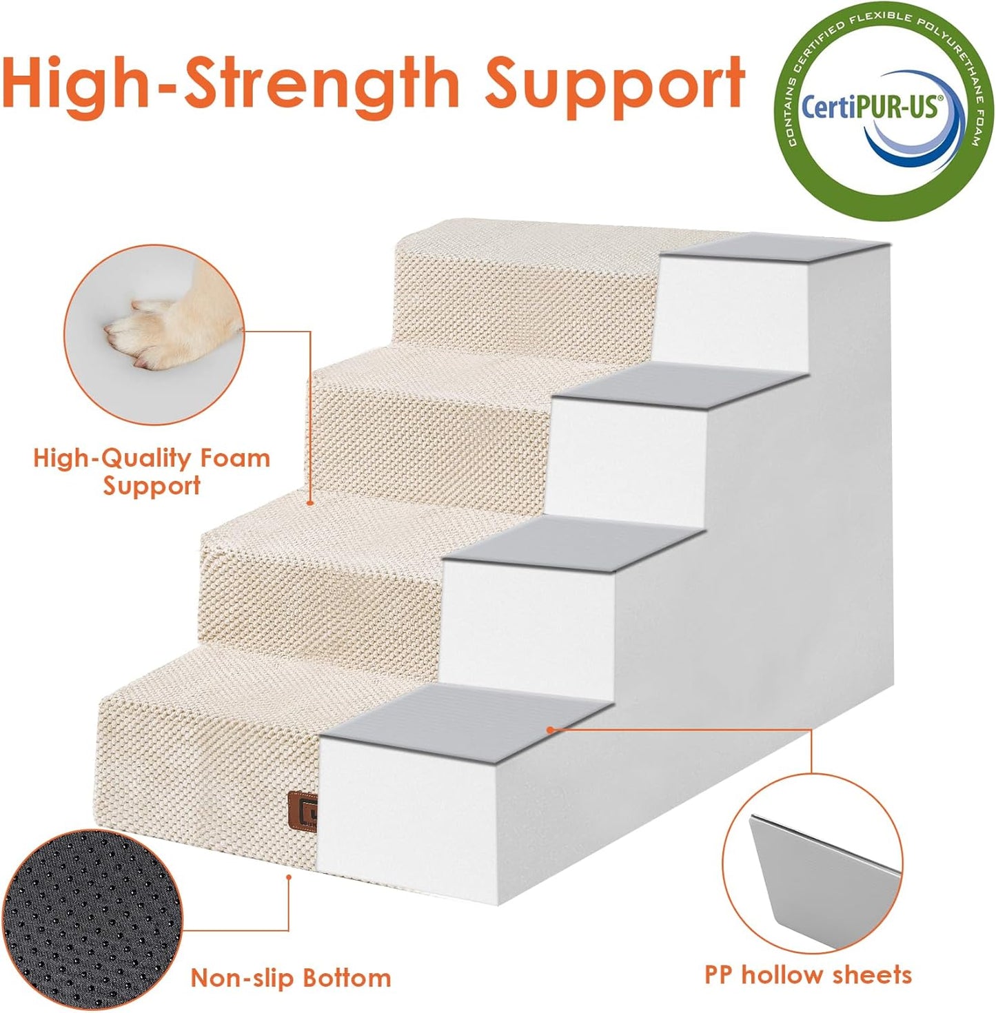 EHEYCIGA Dog Stairs for Bed 20" H, 4-Step Extra Wide Dog Steps for High Bed, Pet Steps for Small Dogs and Cats, Non-Slip Balanced Pet Ramp Indoor, Beige