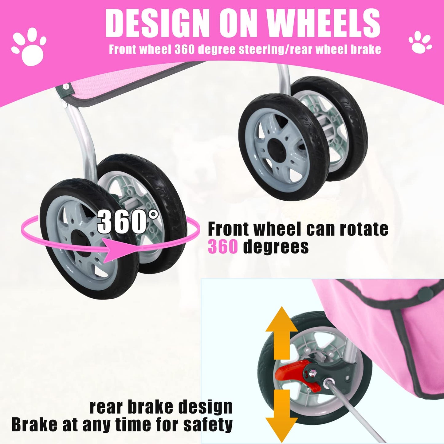 Dog Stroller, Folding 4 Wheels Pet Stroller for Small Medium Dog Cat Travel Carrier with Weather Cover Storage Basket Cup Holders Pink