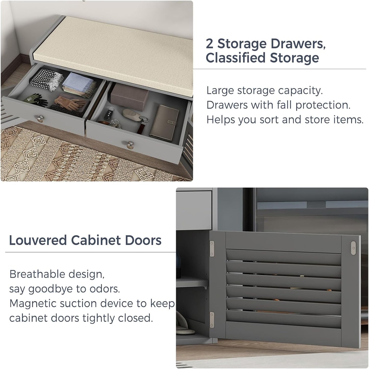 Shoe Storage Bench with 2 Drawers & 2 Doors, Entryway Bench with Cushion, 2 Adjustable Shelves, Shoe Cabinet for Entryway, Living Room, Hallway, Mudroom, Bedroom, Grey