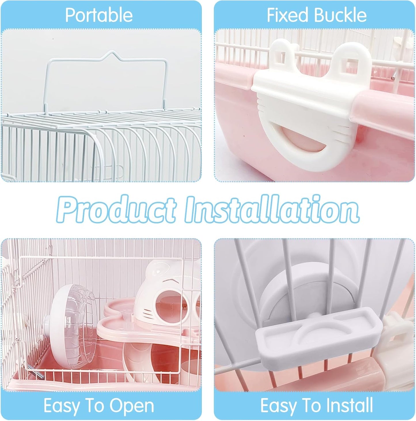 PINVNBY Dwarf Hamster Cage, Small Animal Cages, 2-Tier Travel Portable Mouse Cage Hamster Carrier with Castle House Running Exercise Wheels, Water Bottle and Food Dis（Pink）