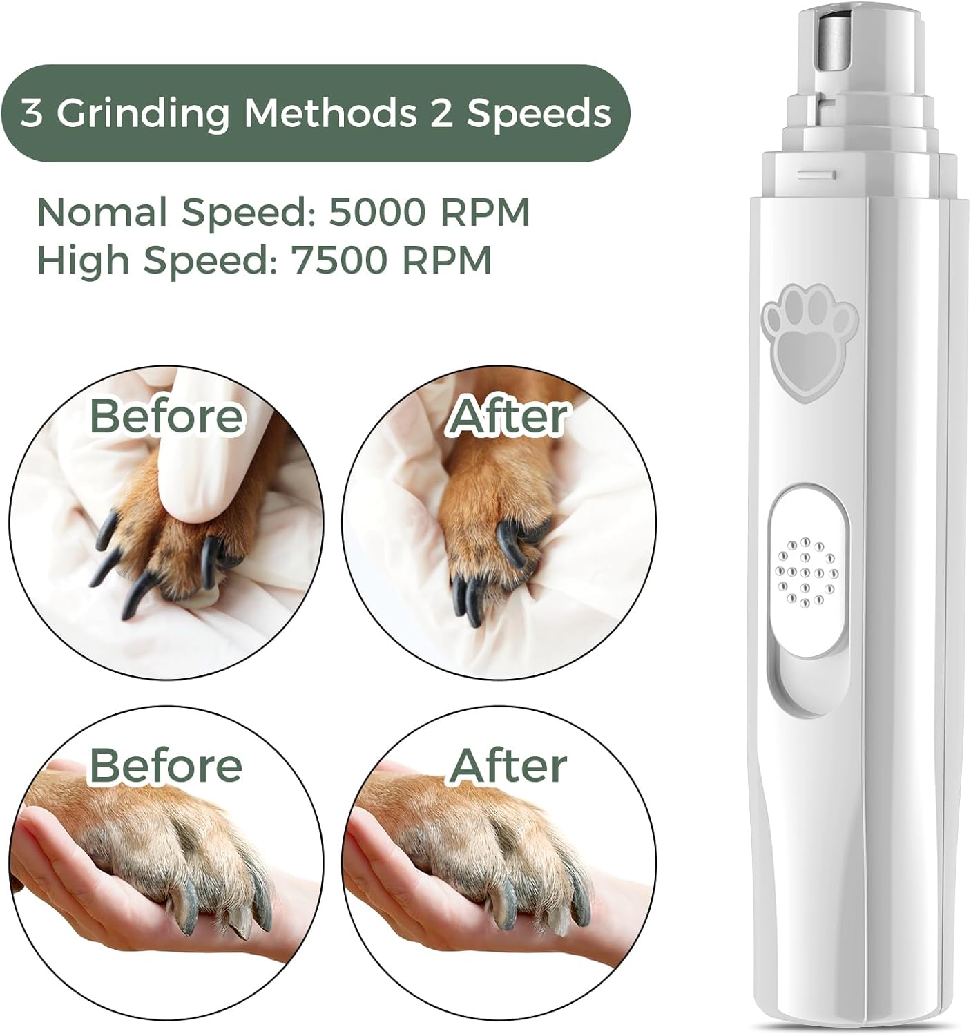 VIWIK Dog Nail Grinder, 2-Speed Rechargeable Dog Nail Trimmers for Large Medium & Small Dogs, Upgrade Professional Electric Pet Paws Nail Grinder, Quiet Puppy Grooming Tool Cat Dog Nail Dremel White