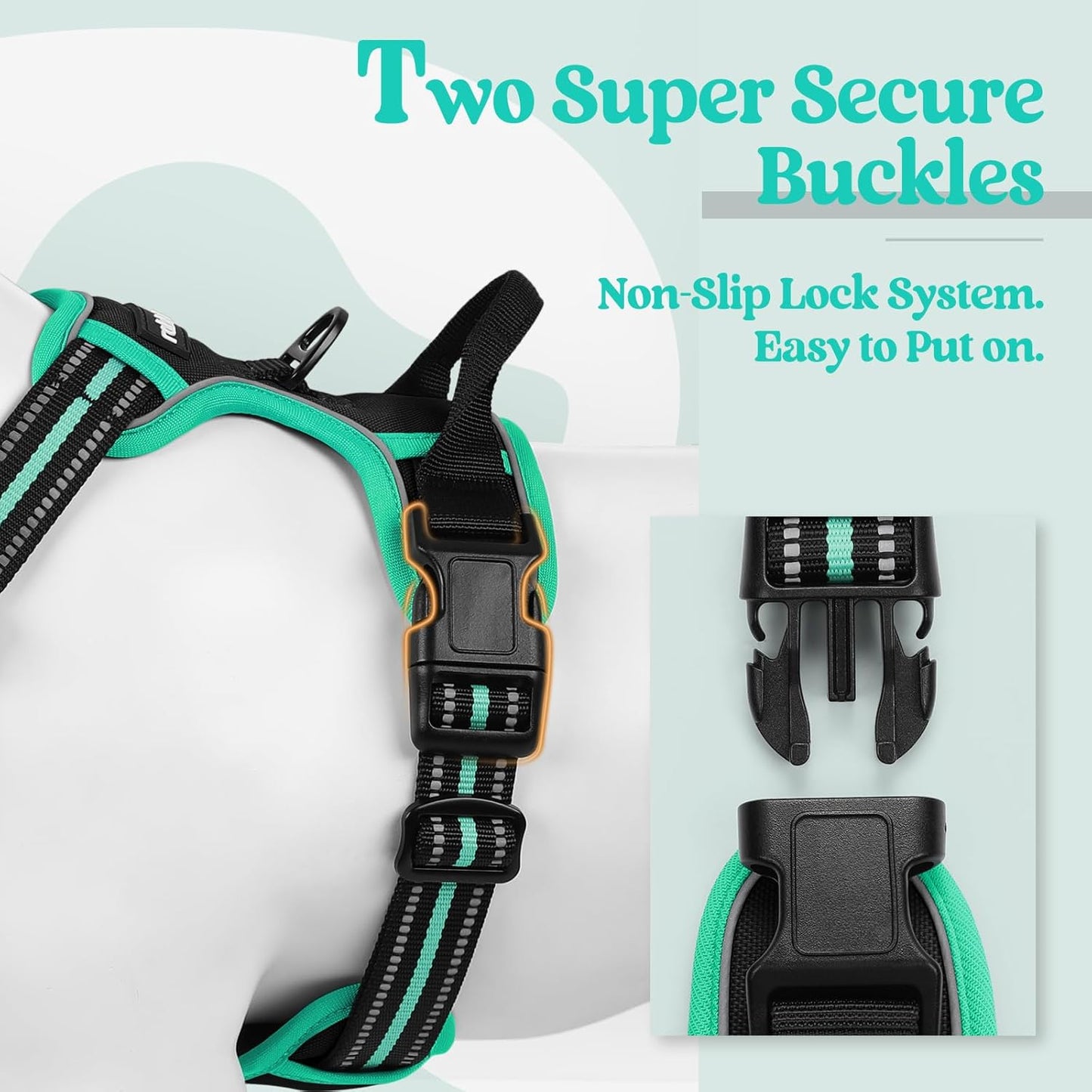 rabbitgoo Dog Harness No Pull with 2 Leash Clips, Adjustable Soft Padded, Reflective Oxford No Choke Pet Vest with Easy Control Handle for Large Dogs, Black & Turquoise, XL