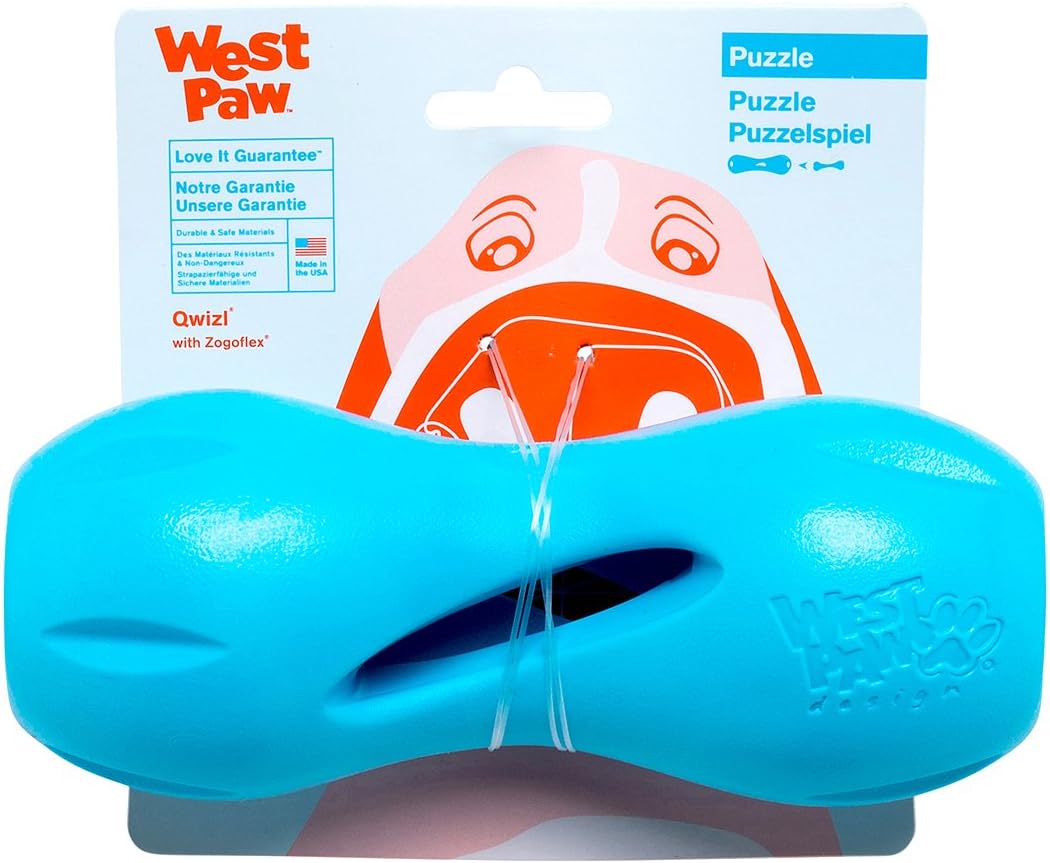 West Paw Zogoflex Qwizl Interactive Treat Dispensing Dog Puzzle Treat Toy for Dogs, 100% Guaranteed Tough, It Floats!, Made in USA, Large, Aqua Blue