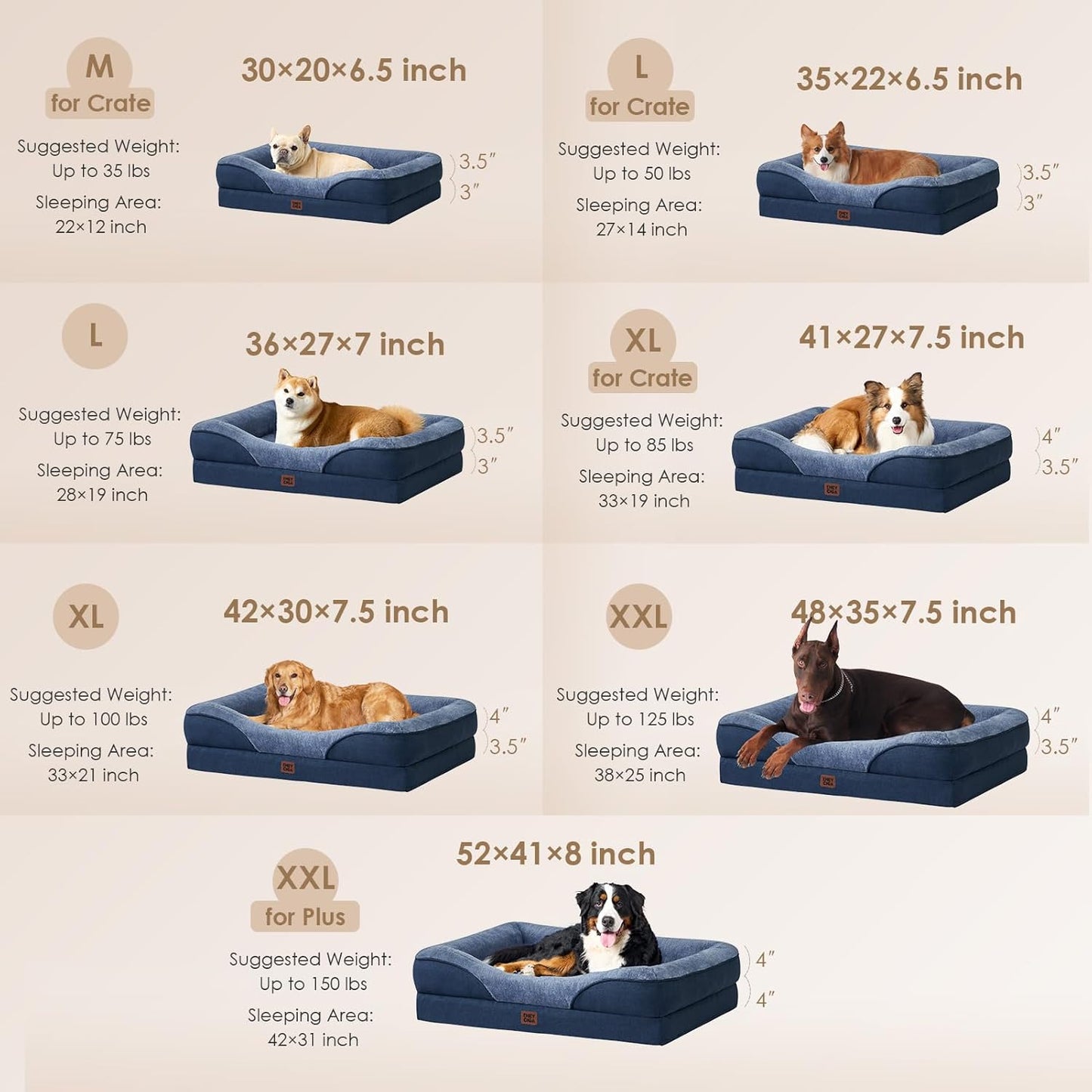 EHEYCIGA Memory Foam Dog Bed for Large Sized, Orthopedic Dog Sofa with Sides and Waterproof Liner, Washable Bolster Pet Couch with Removable Cover, 36x27x7 Inch, Navy