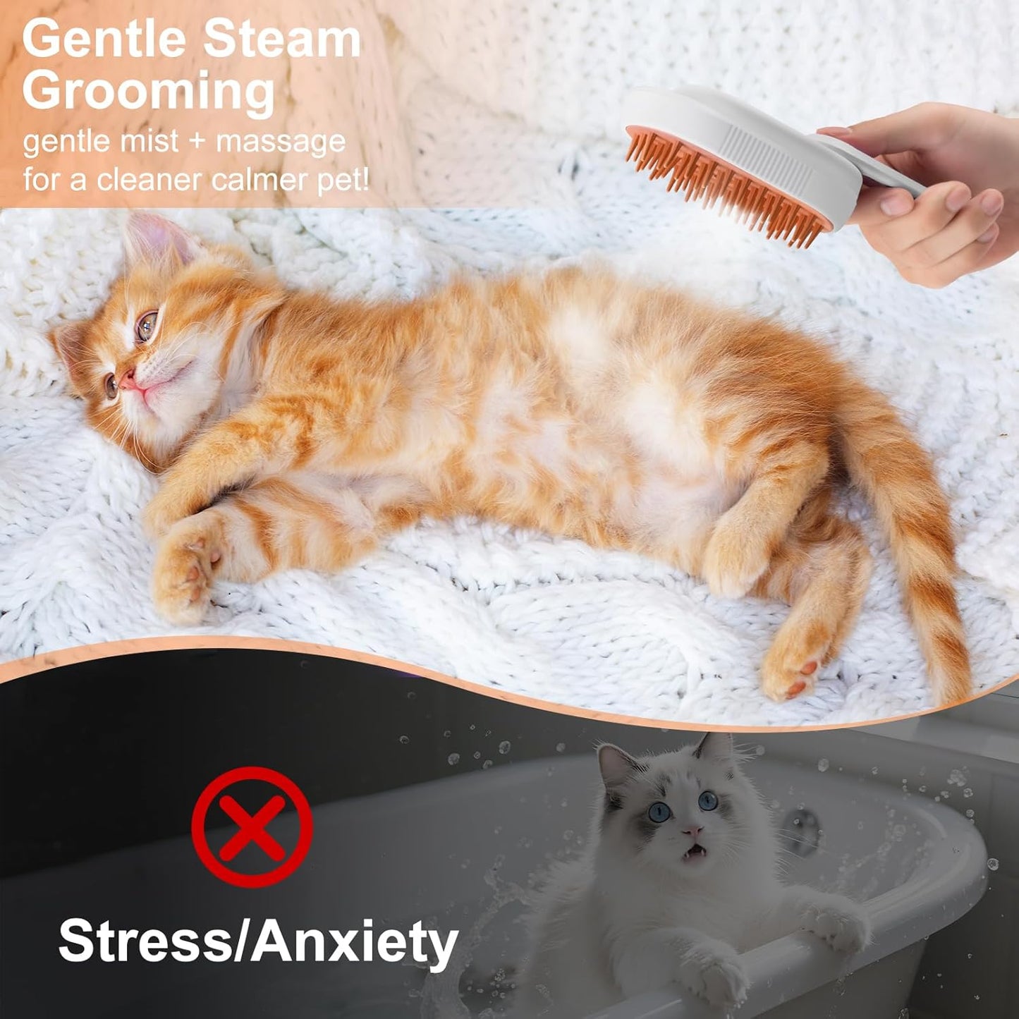 Steam Brush for Cat & Dog – 3-in-1 Spritz Pet Spray Hair Removal Comb for Grooming & Shedding Steam – Water Brush for Long & Short Haired Pets– Includes Two Bottles Waterless Shampoo