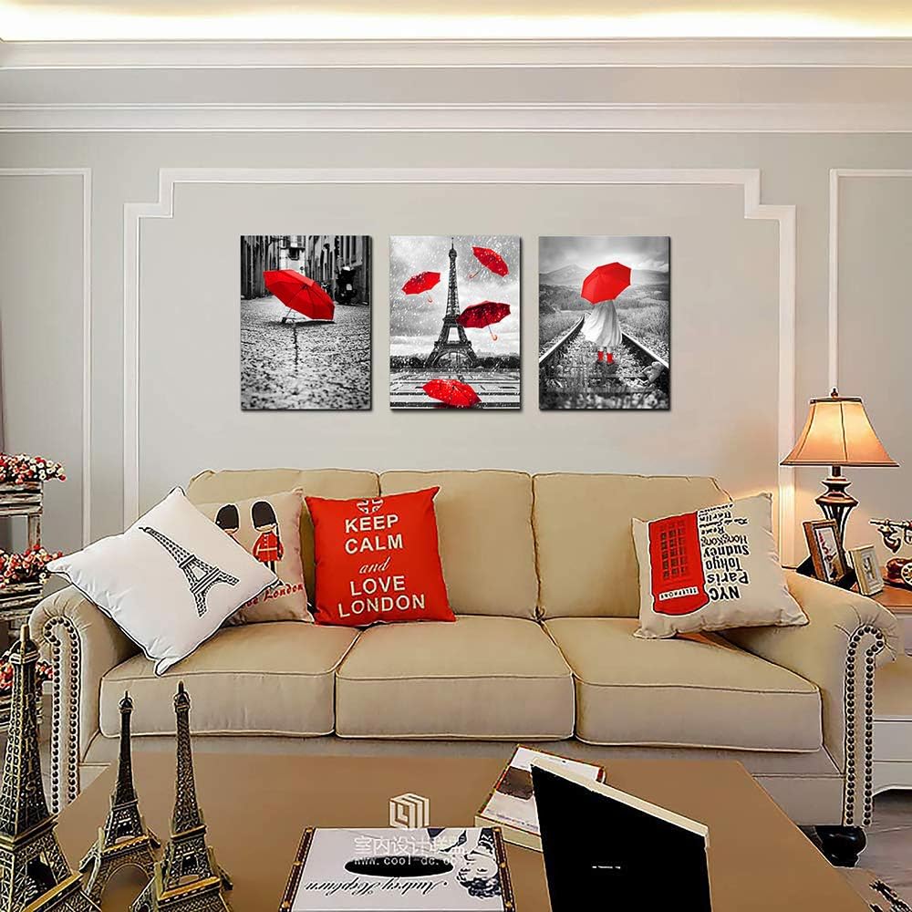 Black and white landscape Eiffel Tower 3 Piece Wall Art for Living Room Bathroom Decorations Kitchen Wall decor modern red umbrella Poster Canvas Print Office Bedroom Home Decoration wall paintings