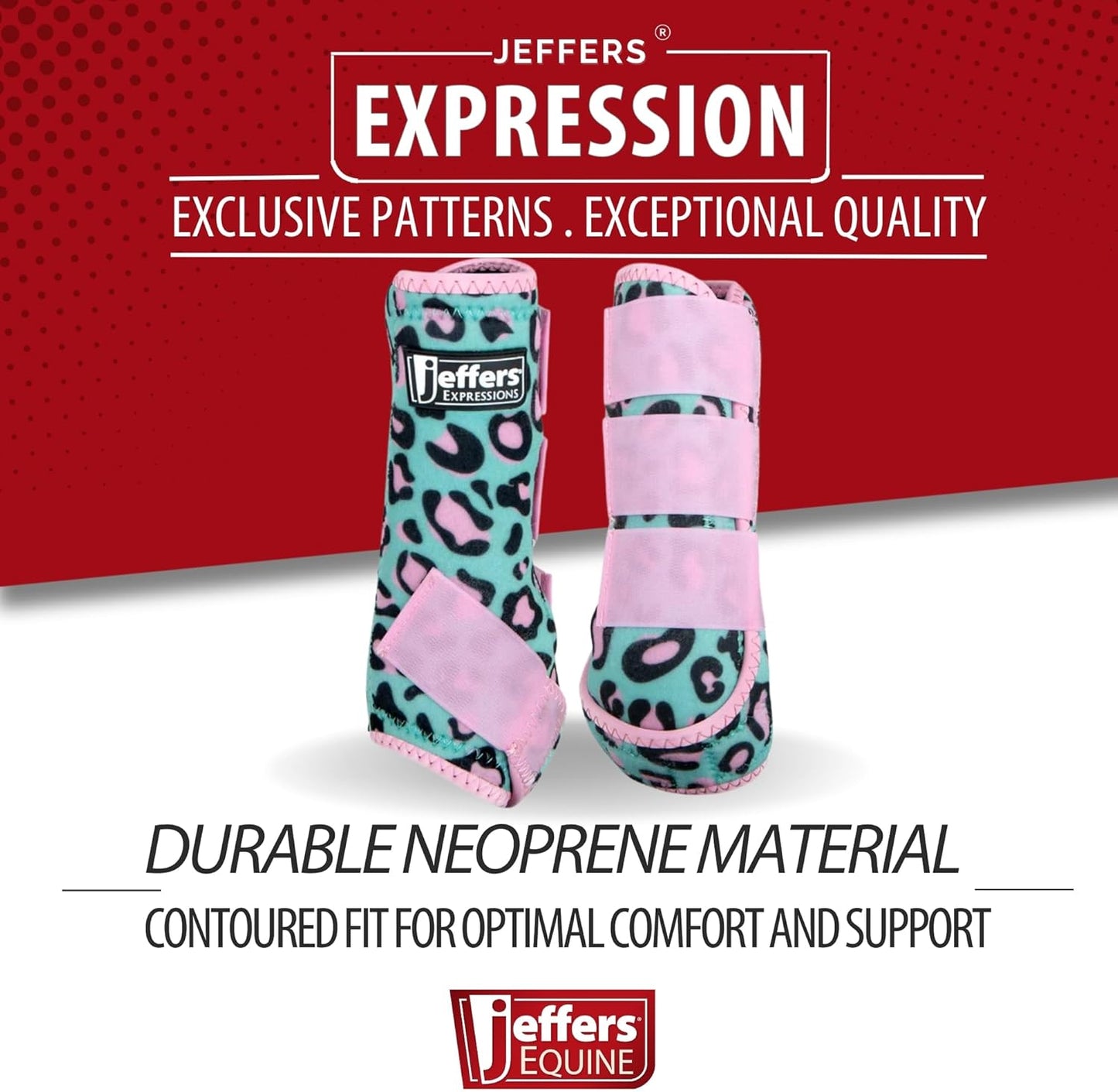 Jeffers Expression Protective Horse Boots 1 Pair, Party Cheetah, Large - Safe Neoprene Leg Guards, Comfortable Fit, Durable Strap Closures, Front & Hind Support, Accessories for Travel & Riding