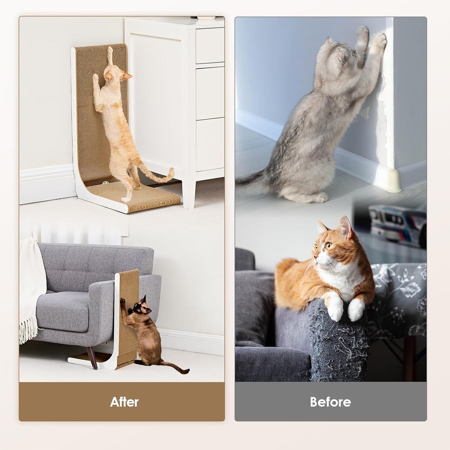 EHEYCIGA Cardboard Cat Scratcher for Indoor Cats, 32 Inch L Shaped Vertical Cat Scratching Board with Ball Cat Toy, Extra Large Cat Scratcher Pad, White