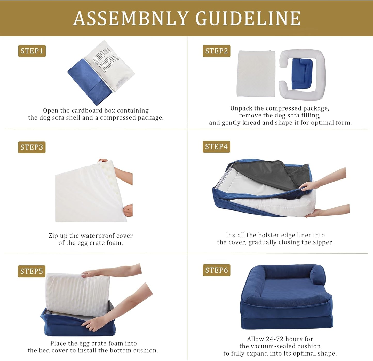 Bedfolks Orthopedic Dog Bed, Waterproof Dog Sofa Bed for Large Dogs, Egg Foam Pet Couch Bed with Removable Washable Cover and Nonslip Bottom, Navy Blue