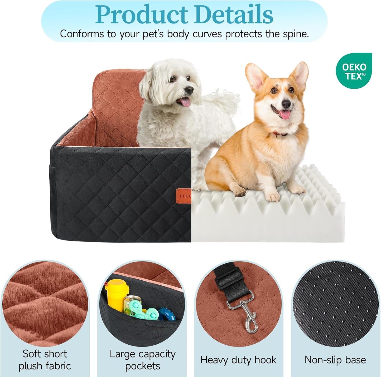 Dog Car Seat for Medium/Large Dogs, Pet Booster Seat for Under 55 lbs or 2 Small Dogs, Detachable & Washable Dog Car Bed for Backseat with 2 Safety Leashes(Black/Brown)