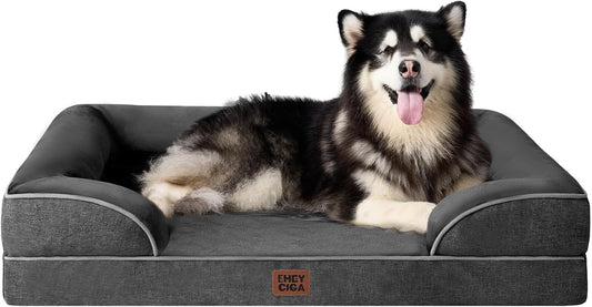 EHEYCIGA Orthopedic Dog Beds for Extra Large Dogs, Waterproof Memory Foam XXL Pet Bed with Sides, Non-Slip Bottom and Egg-Crate Foam Big Dog Couch Bed with Washable Removable Cover, Dark Grey