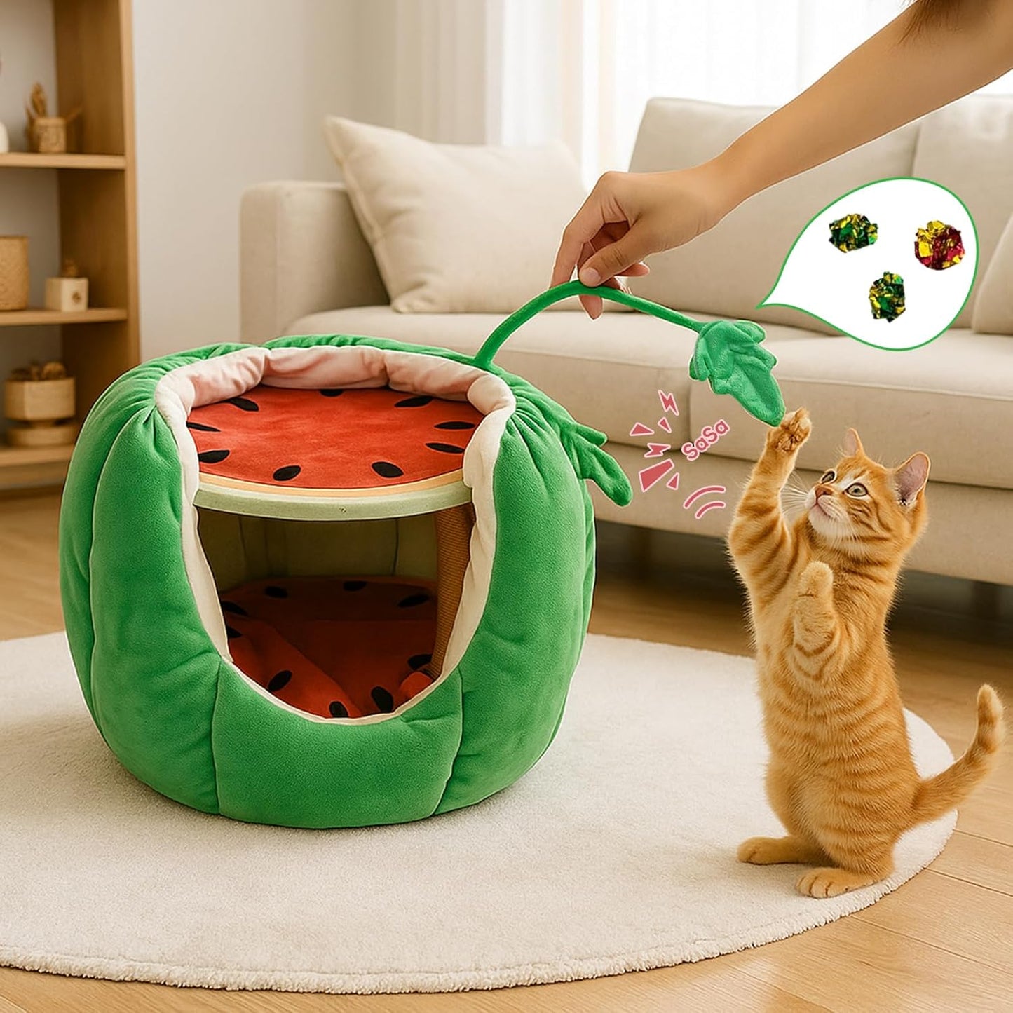 Cat Houses for Indoor Cats, Small Cat Tree with Sisal Ropes and Plush Perch, Cute Cat Bed Cave with Soft Pillow, Watermelon Design
