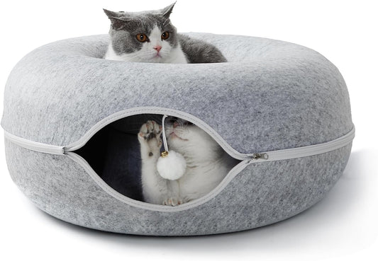 Jia Xi Cat Tunnel and Bed Combo - Donut Cat Condo & Cave, Universal for All Seasons (24 in * 24 in * 11 in), Light Grey