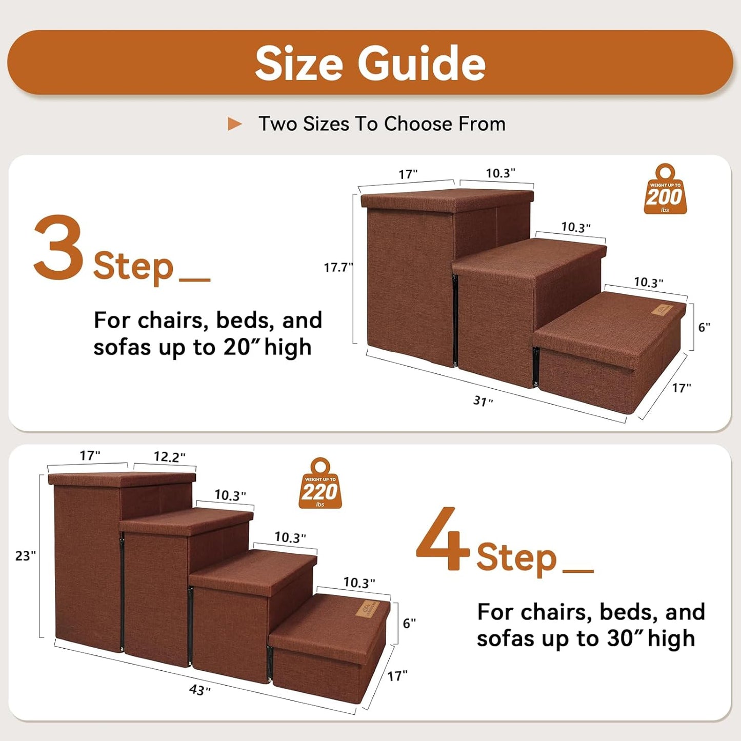 Dog Stairs with Storage 23" H, 4-Step Wider Dog Steps for High Beds Window, Folding Sturdy Pet Stairs Gift for Small/Medium/Large Old Dogs Cats, Ramp for Climbing Car Up to 200 lbs, Brown