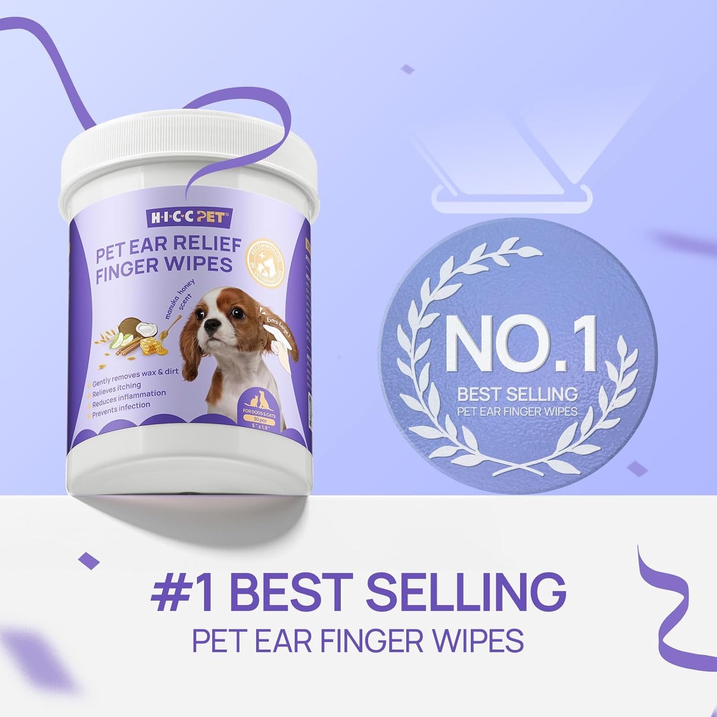 HICC PET Dog Ear Wipes Finger 100 Count Dog Ear Cleaner Wipes for Dogs & Cats, Dog Ear Infection Treatment to Relieve Ear Itching & Inflammation, Remove Ear Wax, Dirt, Smelly - Honey Scent