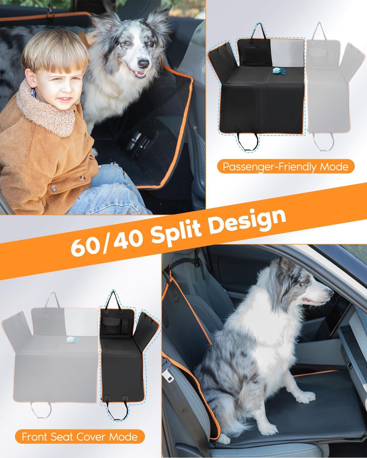 6-in-1 Leather Dog BackSeat Extender, Hard Bottom 40/60 Split Waterproof Car Back/Front Seat Cover, Rear Hammock Carseat Protector, Large Size Pet Mat for SUV/Truck/Cargo, Vehicle Bed Travel Accessory