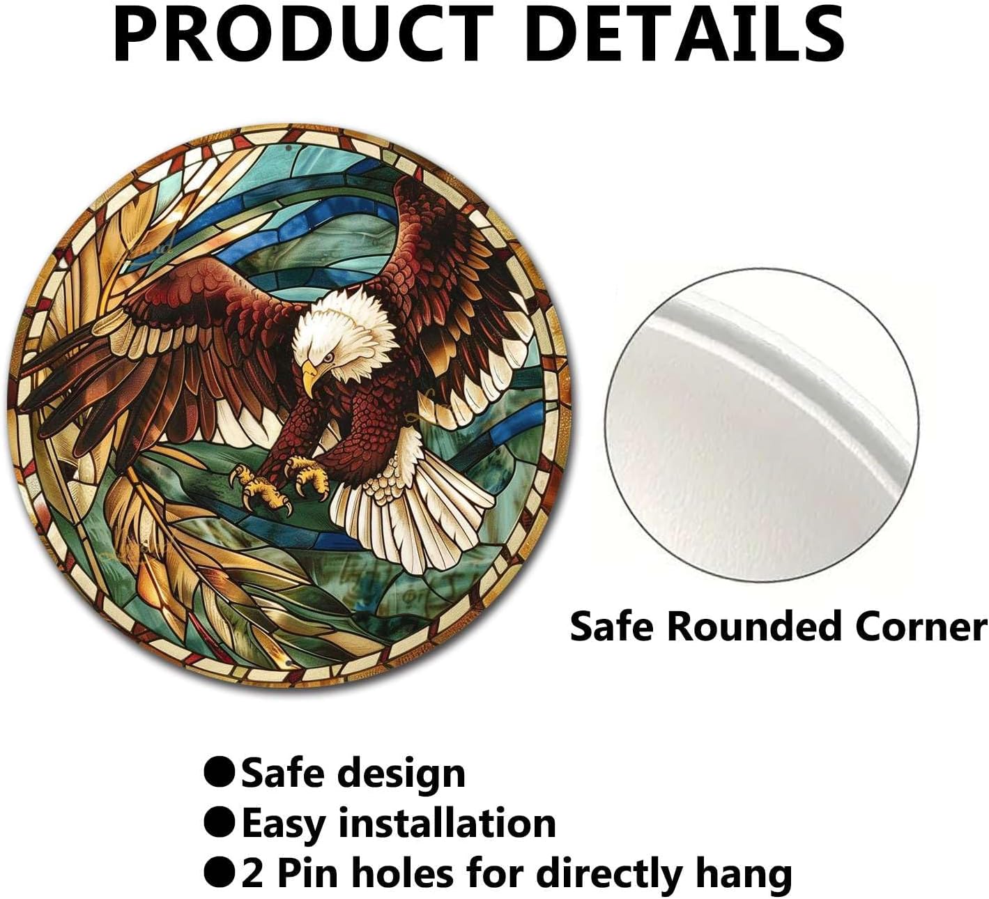 Lygond Metal Sign Tin Sign Circular Stained Glass Eagle Inspirational Wall Art for Garden 12×12 Inches