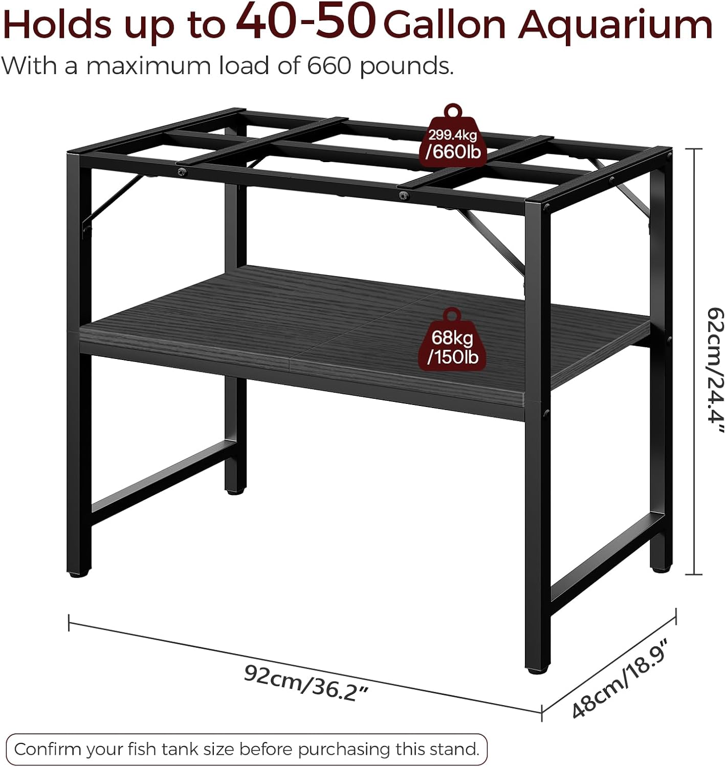 40-50 Gallon Fish Tank Stand, Aquarium Stand with 2-Tier Storage Shelves, Heavy Duty Breeder Turtle Terrarium Stand Rack for Home Office, 36.2" L x 18.9" W x 24.4" H, Black FTBK4001