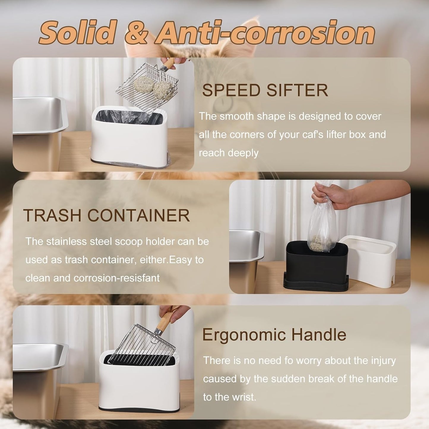 Metal Cat Litter Scoop with Holder, Poop Scooper with Stand&2 Rolls of Garbage Bag, Heavy Duty Stainless Steel Shovel with Wooden, Kitty Quick Sifter for Easy Cleaning, Essential Item for Cat