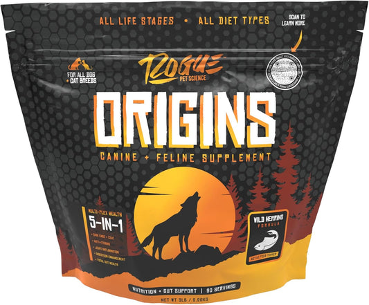 Origins 5-in-1 Dog Supplement - Powdered Food Topper w/Natural Omega 3 Fish Oil - Supports Healthy Digestion, Skin, and Coat - Helps Reduce Itching & Joint Inflammation (5 lbs)