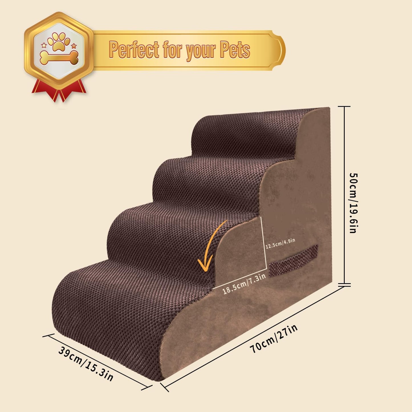 PAWSCART Dog Stairs for Small Dogs and Cats, 4-Step Dog Steps for Bed, 19.6" H Pet Stairs for High Bed, Pet Ramp for Couch, Sofa, Non-Slip Surface Removable Washable Cover, Brown