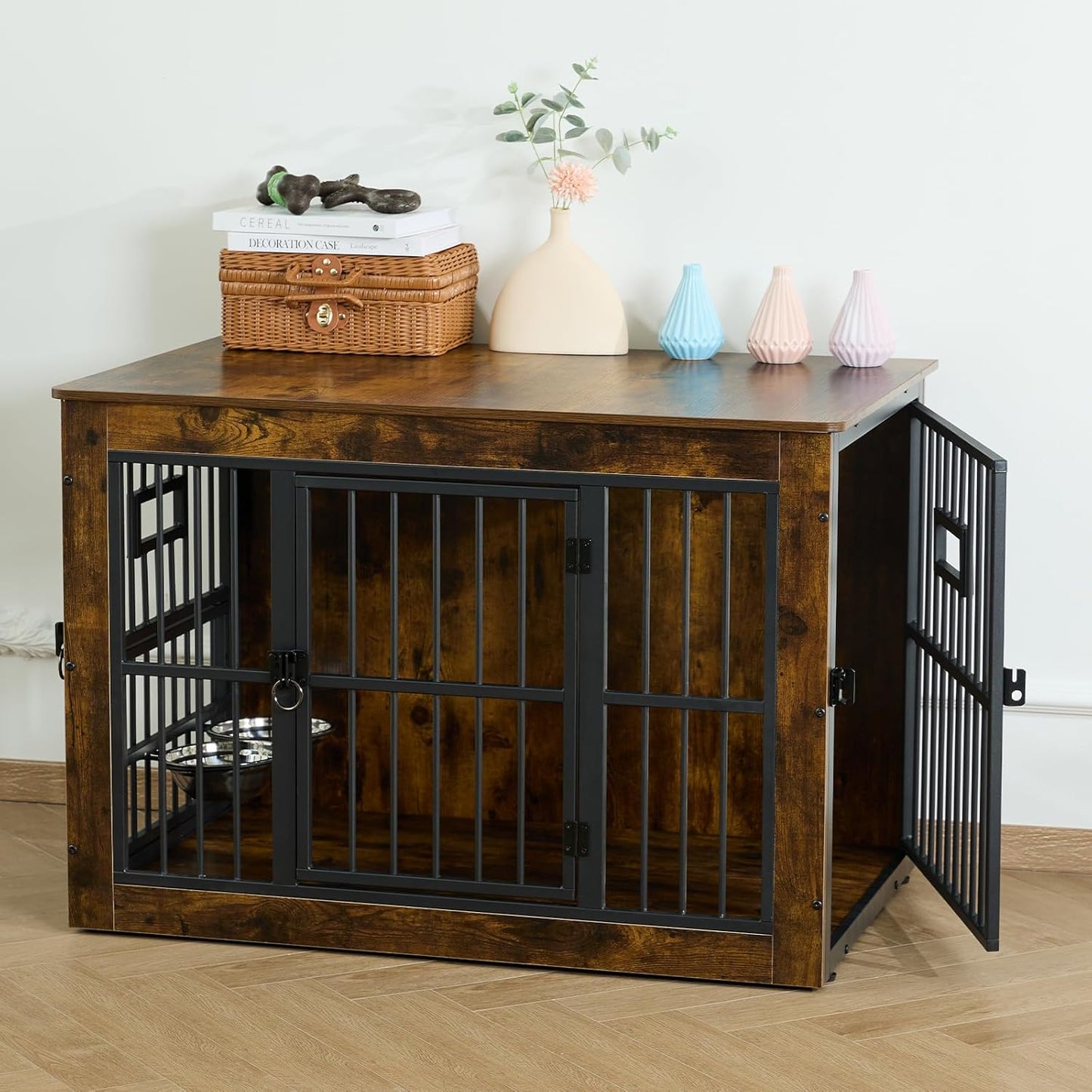 Gardner Pet Dog Crate Furniture for Medium Dogs, 38.8 Inch Dog Kennel Indoor, Wooden Dog Cage End Table with 2 Removable Bowls, Heavy Duty Dog Crate, Rustic Brown