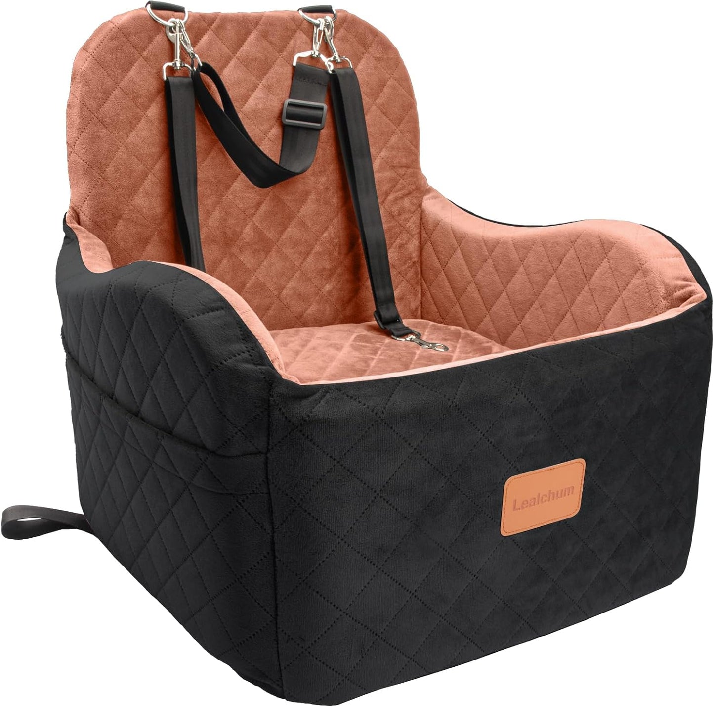 Dog Booster Car Seat for S/M Dogs Up to 35lbs,Soft 6in Elevated Cushion,Fits in Front/Back Seat,Fully Detachable and Washable,2 Storage Pockets & 3 Straps,Easy to Install (Black/Brown,Medium)