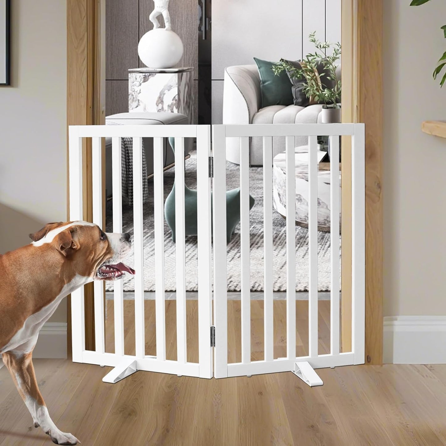 ZJSF Freestanding Indoor Dog Gate for House Foldable Wood White Puppy Gate for Doorways Pet Gate for Stairs Extra Wide Pet Fence 32" Height 2 Panels
