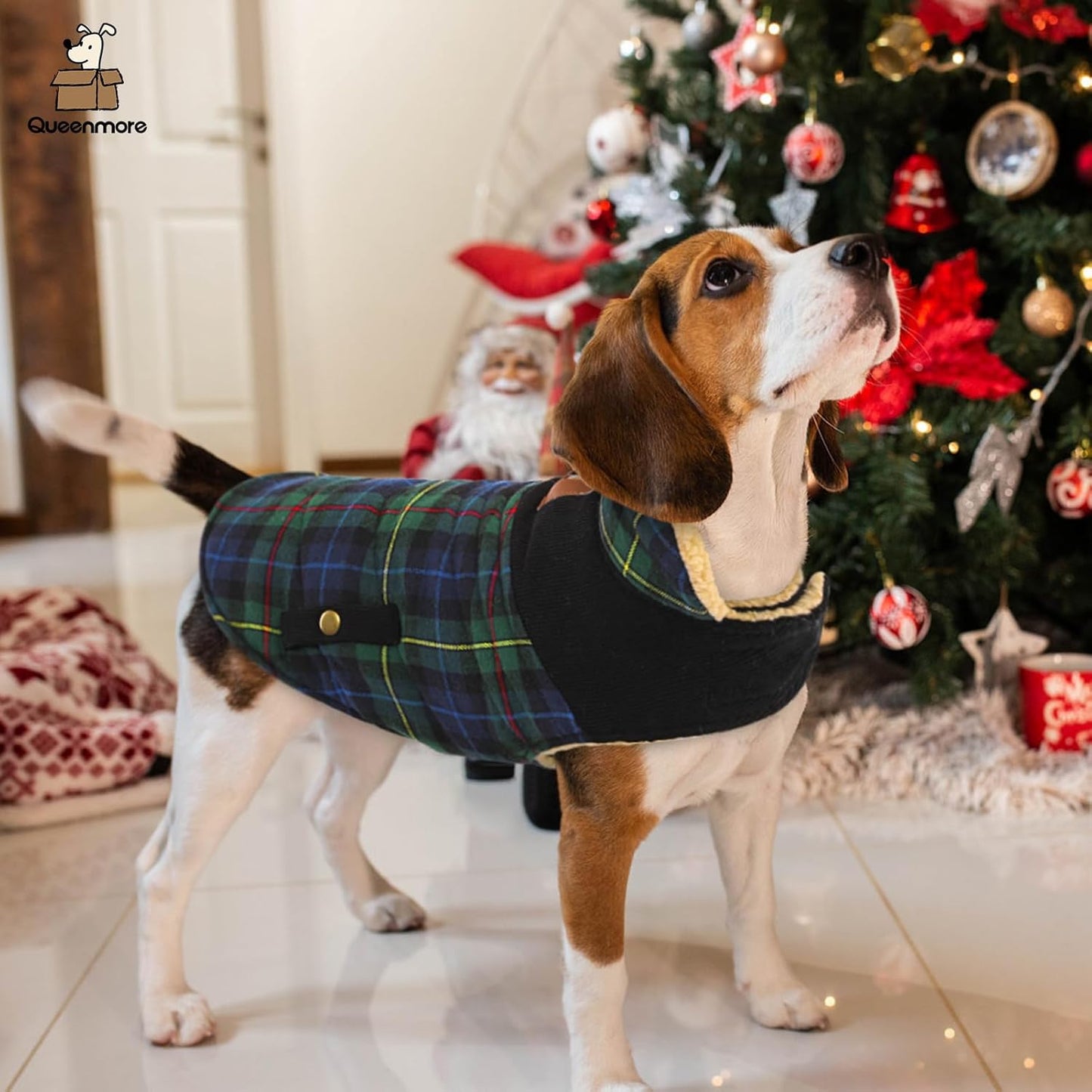 Queenmore Dog Winter Coat Warm Dog Jacket for Cold Weather, Quilting Puffer Plaid Coats for Small/Medium Dogs Waterproof,Girl/Boy Pet Christmas Coat,Pet Snowsuit with Leash Hole/Fleece Padding, S