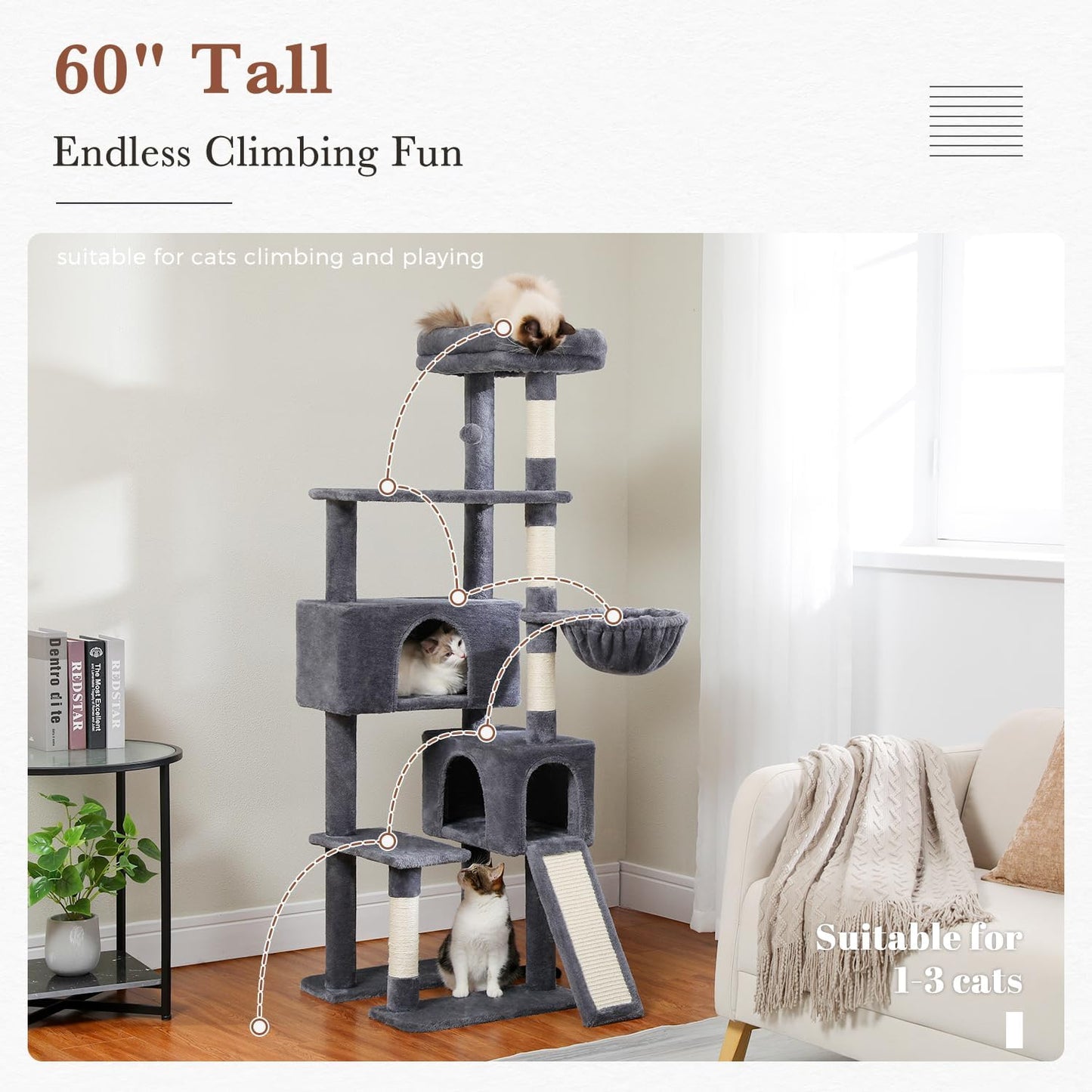 PAWZ Road Cat Tree, 60 Inches Cat Tower with Dual Condos, Spacious Perch, Cozy Basket and Sisal-Covered Scratching Posts for Indoor Cats- Dark Gray