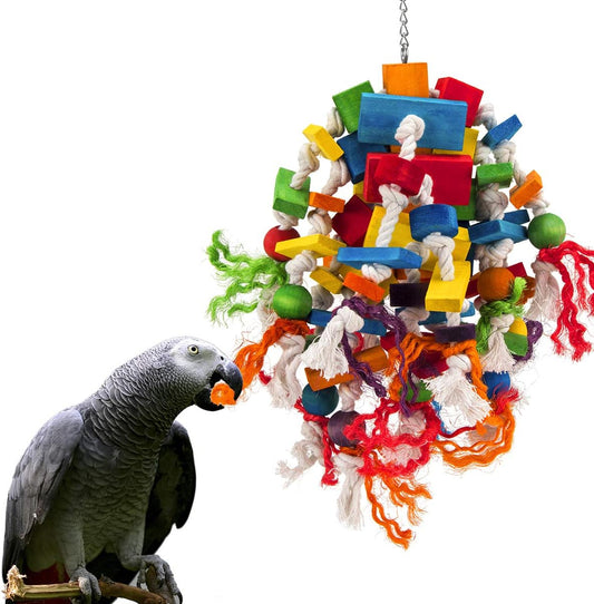 Large Parrot Toy - Multicolored Wooden Blocks Tearing Toys for Birds Suggested for African Grey, Macaw and Amazon Parrots