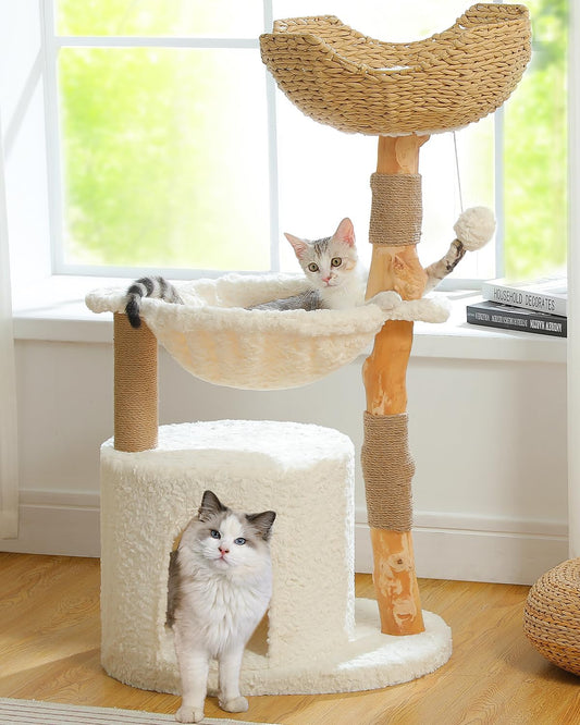 Modern Cat Tree for Large Cats, Wood Cat Tower for Indoor Cats, Real Branch Luxury Cat Furniture with Super Large Cozy Condo and Hammock & Scratching Post, Top Basket, White