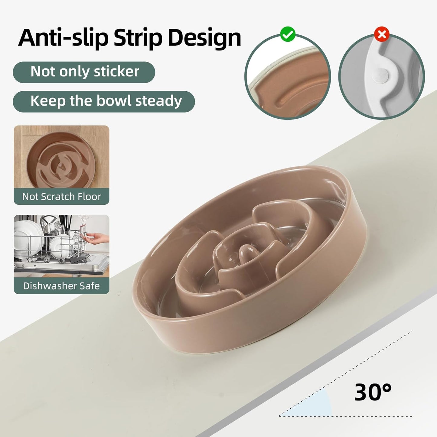 9.5inch Ceramic Slow Feeder Dog Bowl for Large Dog, Puzzle Dish, Anti-Gulping, Pet Slow Feeder, Stop Bloat, Preventing Choking (Single Bowl-Brown Coffee)