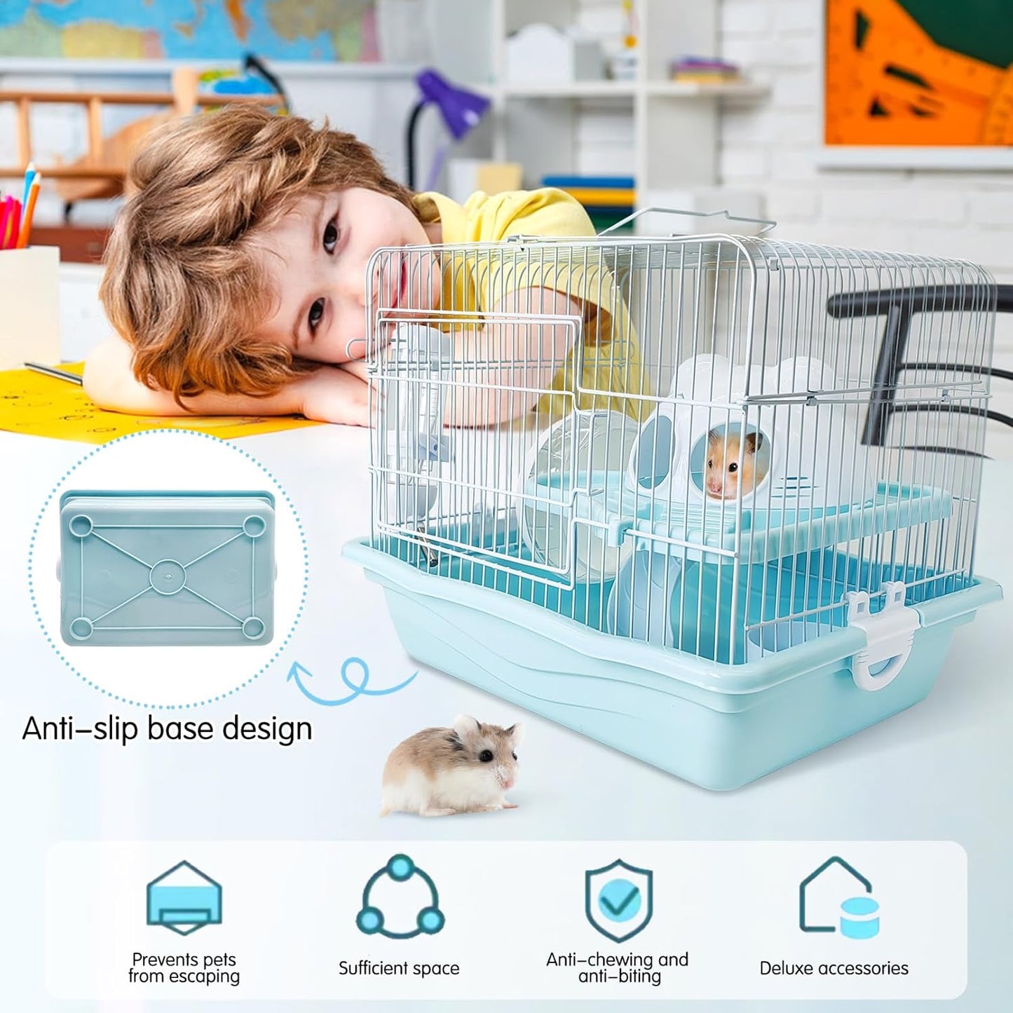 PINVNBY Dwarf Hamster Cage, Small Animal Cages, 2-Tier Travel Portable Mouse Cage Hamster Carrier with Castle House Running Exercise Wheels, Water Bottle and Food Dis（Blue）