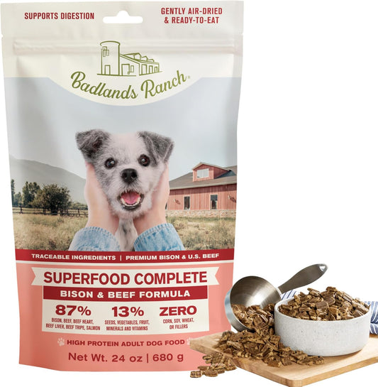 BADLANDS RANCH - Superfood Complete, Air-Dried Adult Dog Food - High Protein, Zero Fillers, Superfood Nutrition by Katherine Heigl (24 oz, Beef & Bison Formula)