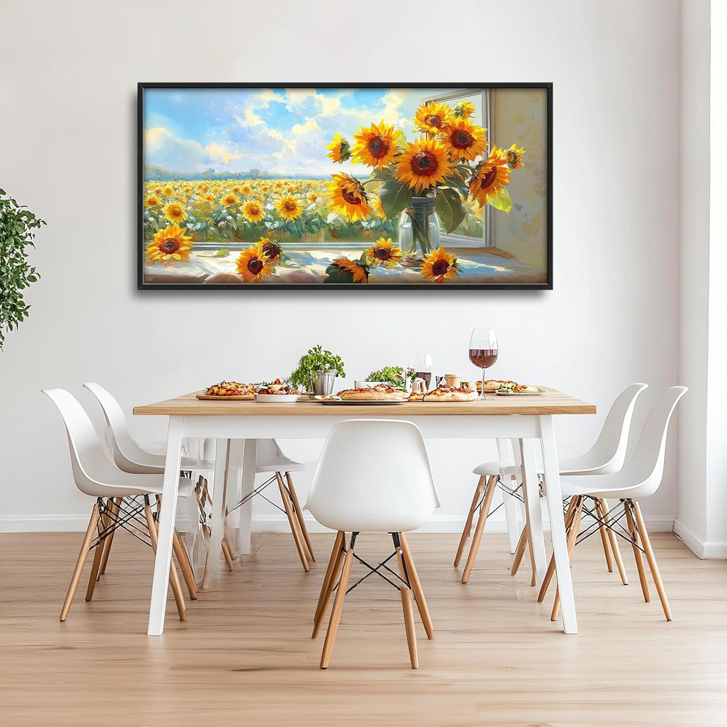 Large Sunflower Wall Art for Living Room, Framed Oversized Flower Field Wall Decor Nature Landscape Canvas Painting Modern Artwork for Living Room Bathroom Bedroom Office Dining Room 60"x30"