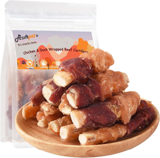 ASMPET Dog Treats, Chicken & Duck Wrapped Beef Cartilage, Rawhide Free & Grain Free Dog Snacks
