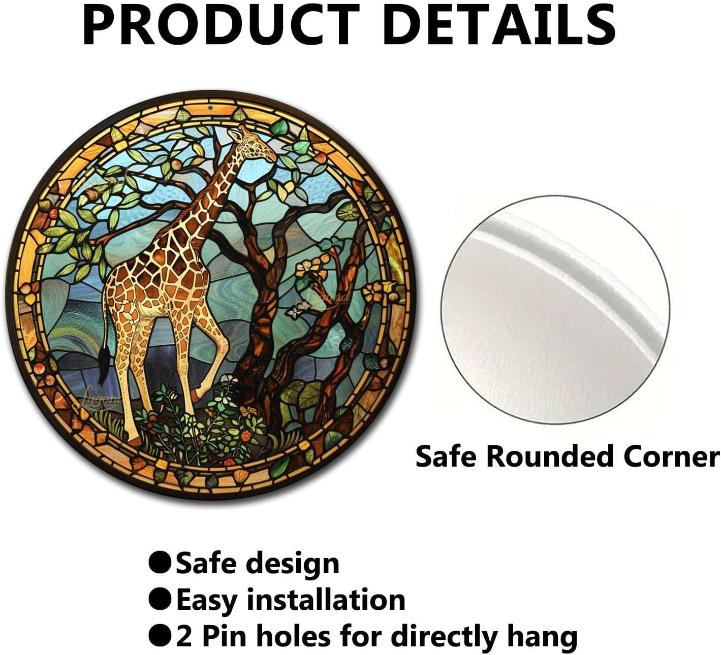 Lygond Metal Sign Tin Sign Circular Stained Glass Giraffe Bathroom Signs for Home for Garage 8×8 Inches