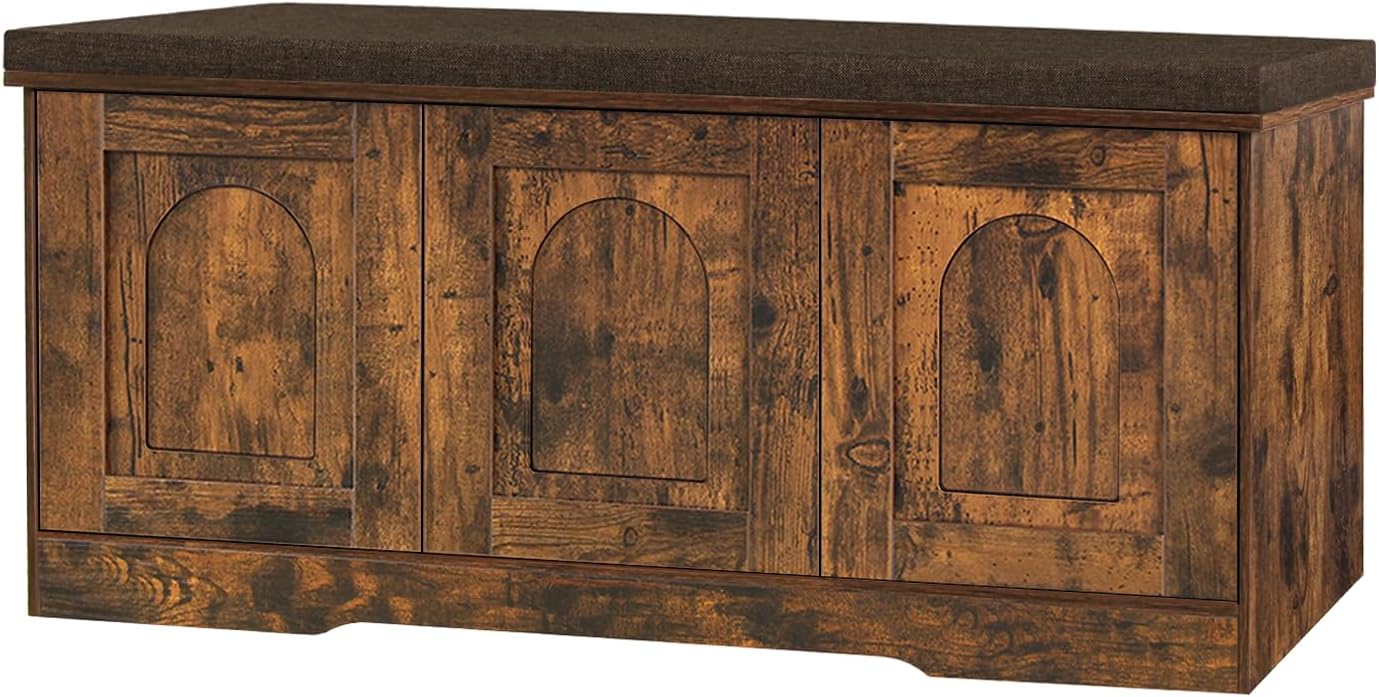 DINZI LVJ Shoe Bench, Entryway Storage Bench with Doors, Cushion, 2-Tier Shoe Rack with 6-Cubby, 39.4”L x 13.8”W Shoe Organizer Cabinet, Adjustable Shelf, Living Room, Bedroom, Rustic Brown