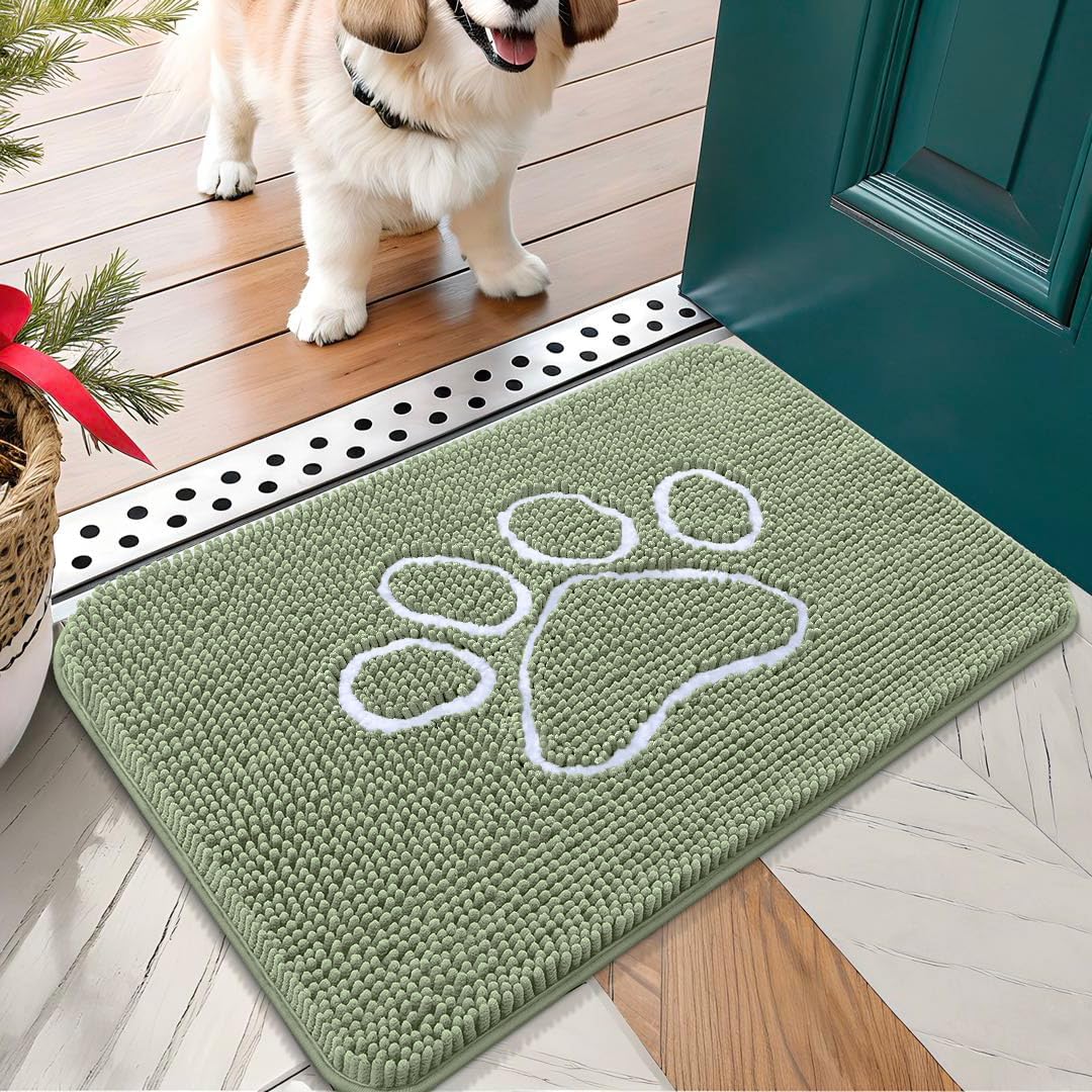 OLANLY Door Mat for Muddy Dog Paws 24x16, Ultra Absorbent Chenille Mud Doormat with Paw Print Design, Non-Slip Washable Doormat for Indoor Entryway, Quick-Dry Pet Bed Mats for Dirty Dogs, Sage Green