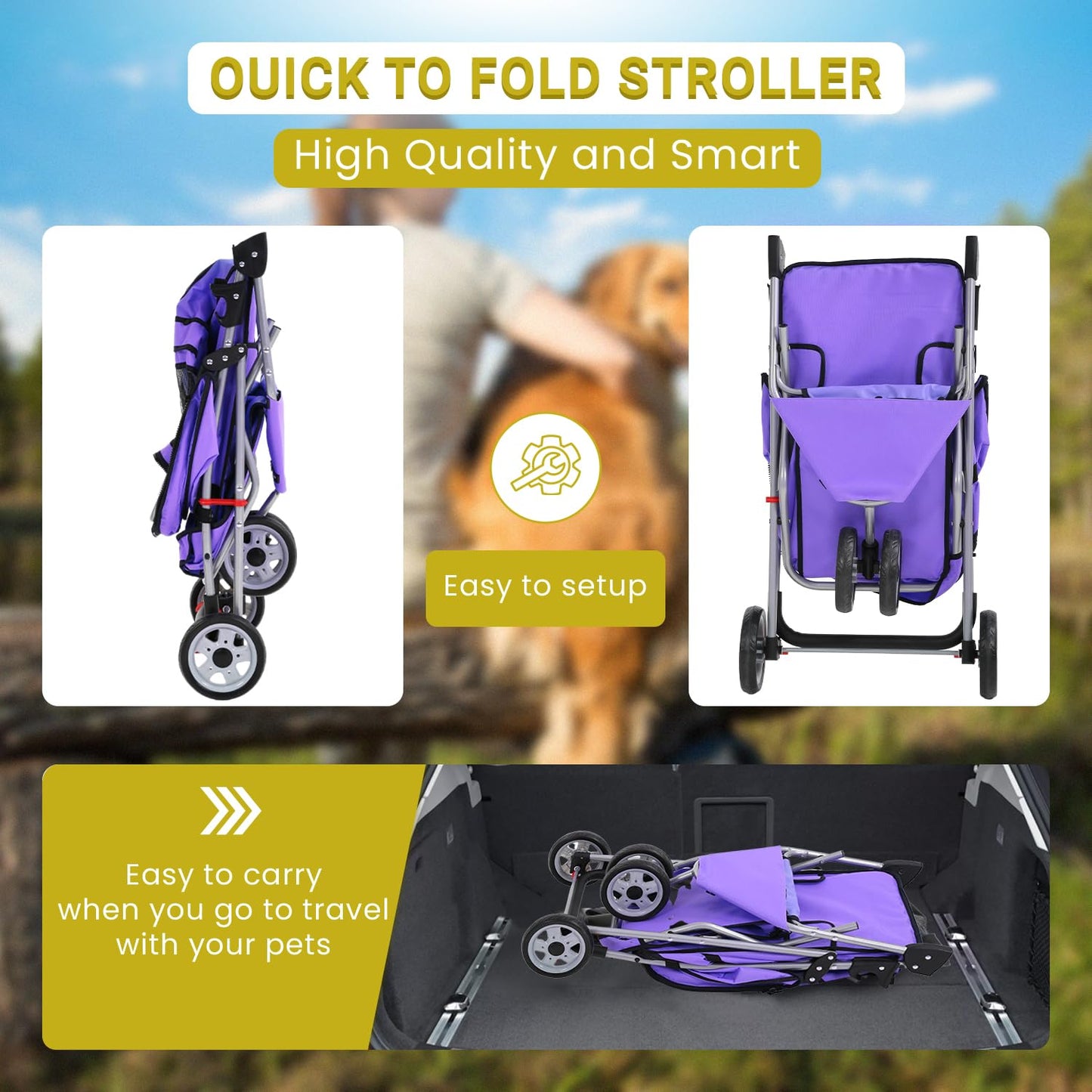 Foldable Pet Stroller,Dog Stroller with 3 Wheel,Pet Strolling Cart,Dog Travel Carrier with Storage Basket and Cup Holder for Dog Puppy,Purple