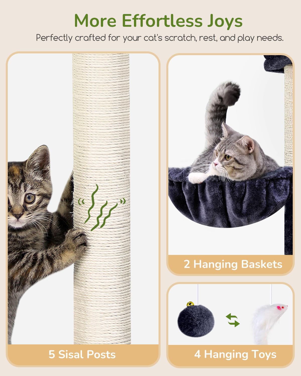 Globlazer Heavy Duty Cat Tree Tower, 73in Tall Cat Tree for Indoor Cats Large Adult, Cat Condo for Large Cats with 5 Scratching Posts, 2 Cat Caves, 2 Padded Perches, 2 Hanging Baskets, F73, Dark Gray