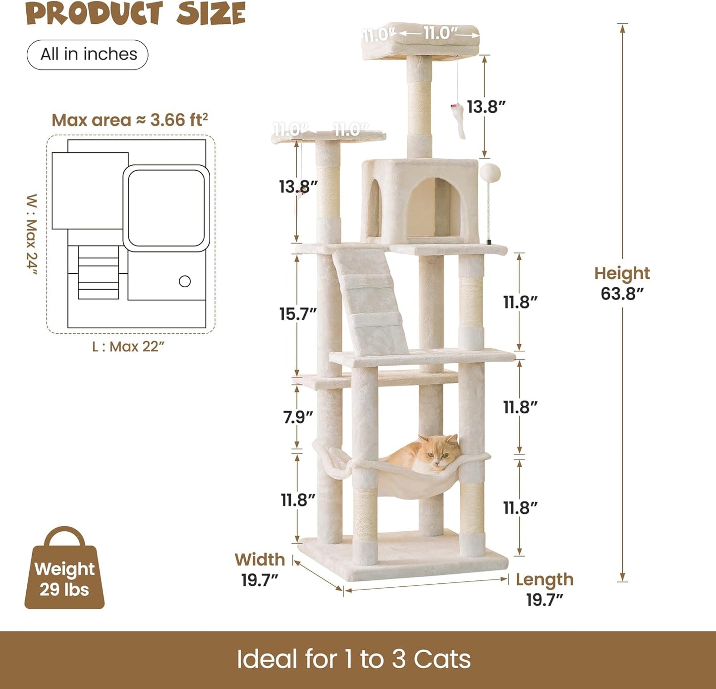 MWPO 63.8 inches Multi-Level Cat Tree for Large Cats with Sisal-Covered Scratching Posts, Padded Platform, Hammock and Condo,Stable Cat Tower Cat Condo Pet Play House-Beige