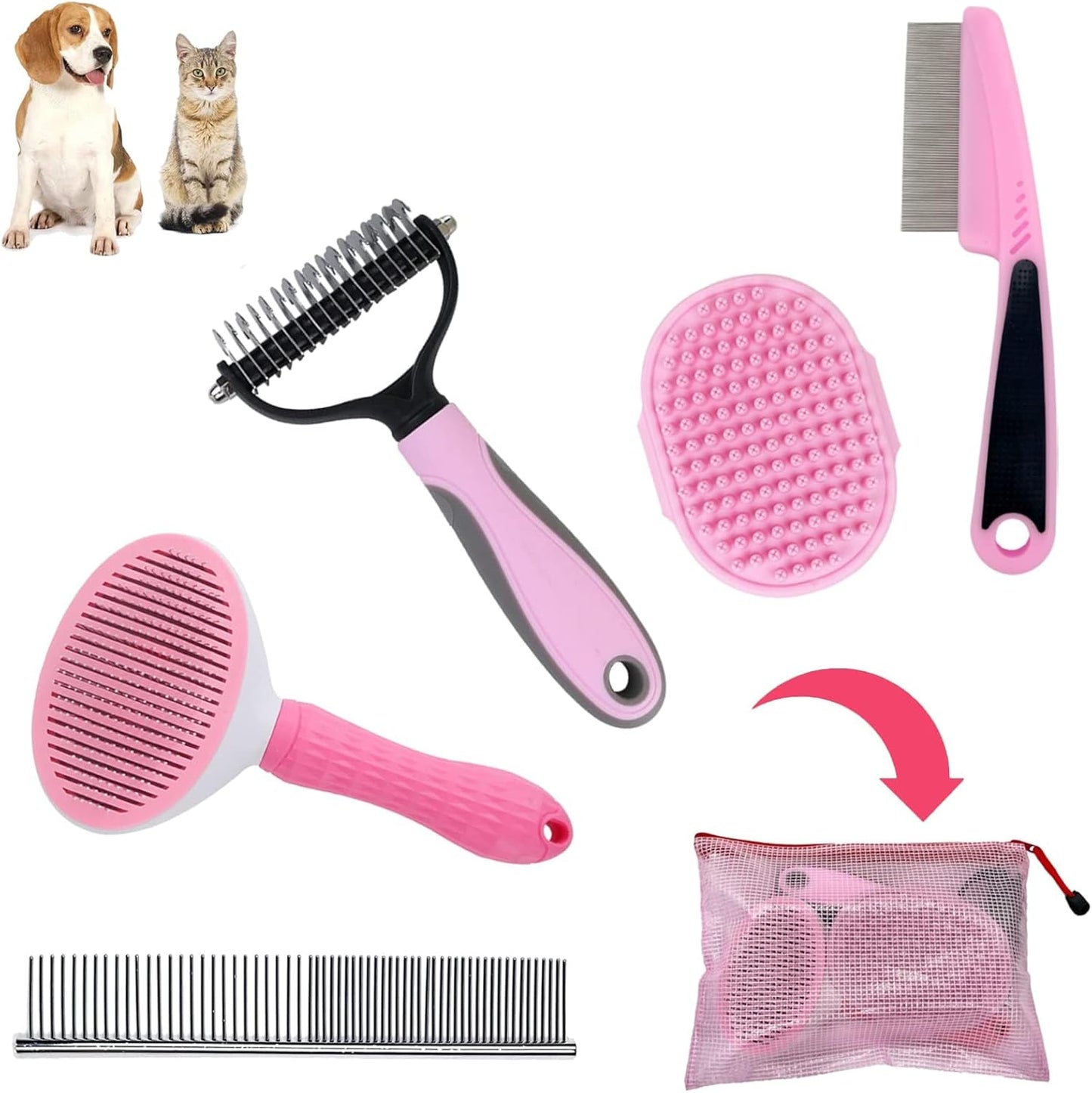 Dog Grooming Kit - Deshedding Brush for Short Hair, Slicker Brush, Flea Comb, Puppy Brush Set in Pink